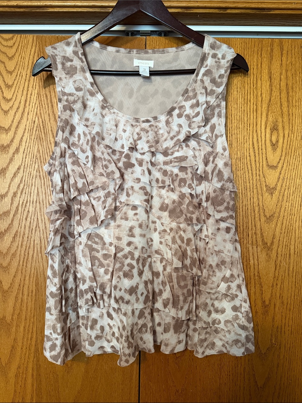 Chico's Beige and Brown Animal-Print Ruffle Sleeveless Camisole